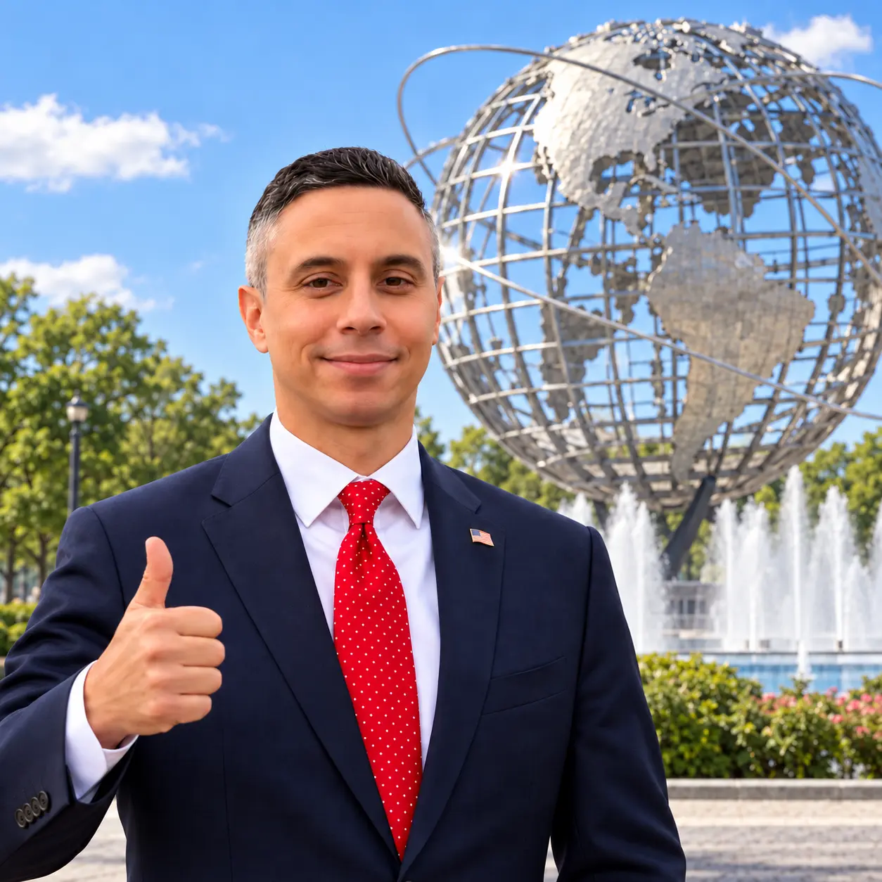 John Patrick Healy with a natural closed-mouth smile, wearing a navy suit beside the Queens Unisphere